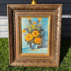 Vtg Yellow Flowers Oil Print Floral Art Ornate Wood Frame Cottagecore 12 X 10
